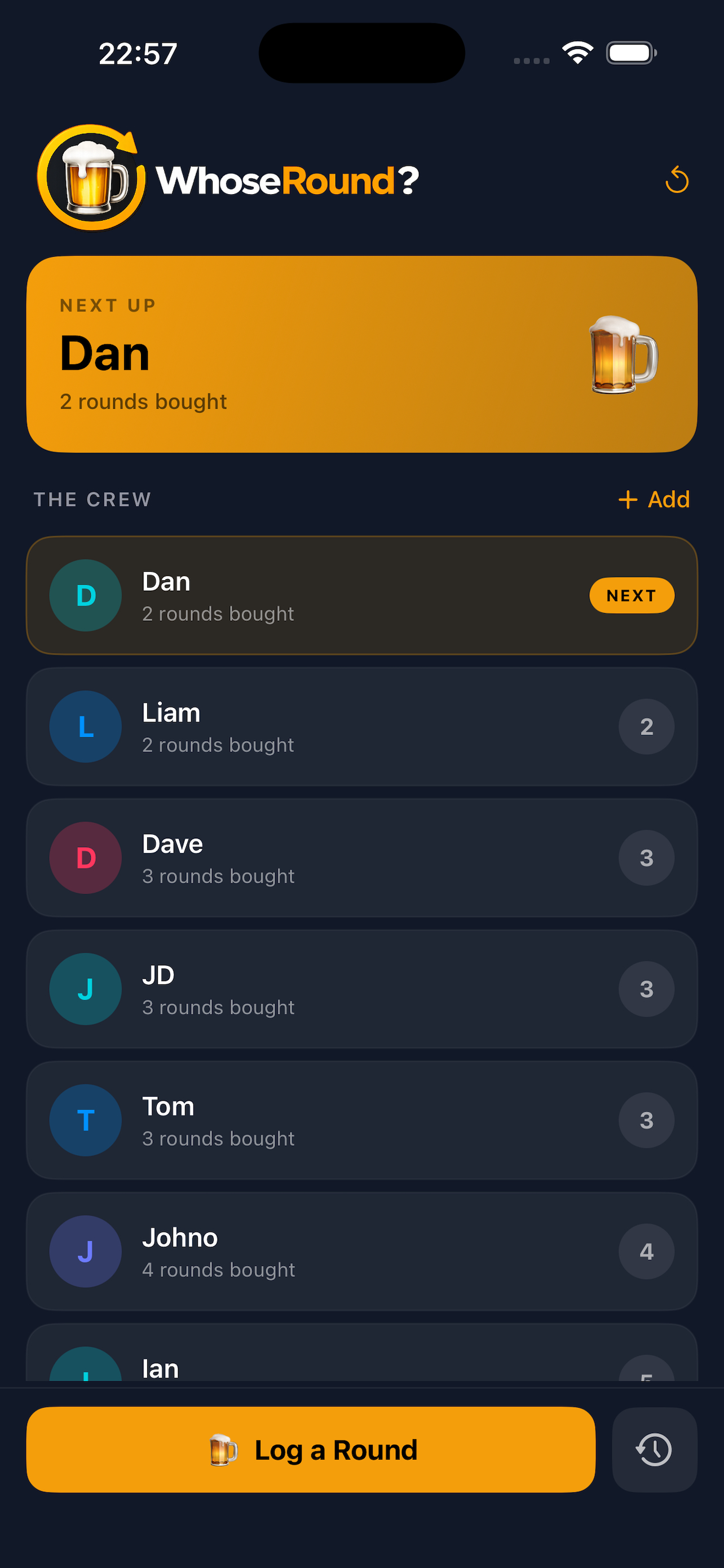 Whose Round app - crew view